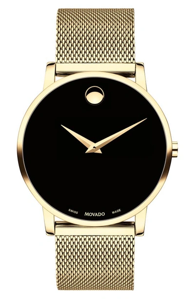 Movado Museum Mesh Bracelet Watch, 40mm In Gold/black/gold