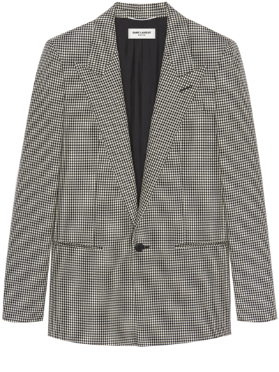 Saint Laurent Monochrome Checked Wool-blend Blazer In Black