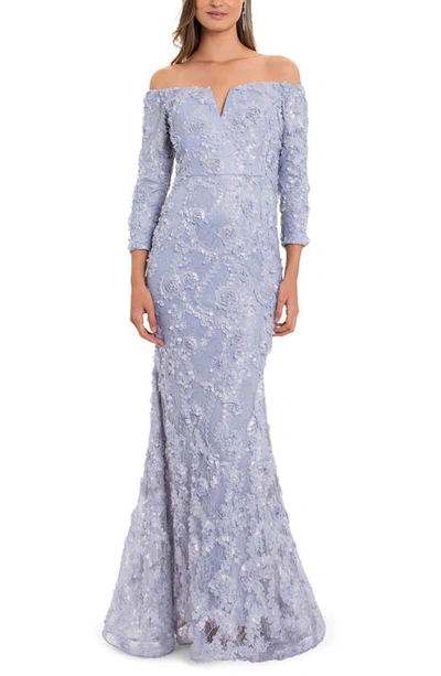 Xscape Off The Shoulder Long Sleeve Lace Trumpet Gown In Grey/gold |  ModeSens