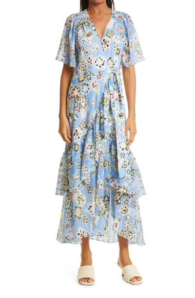 Tanya Taylor Brittany Floral Tiered Wrap Midi Dress In Chalk Floral Oxford Blue Multi