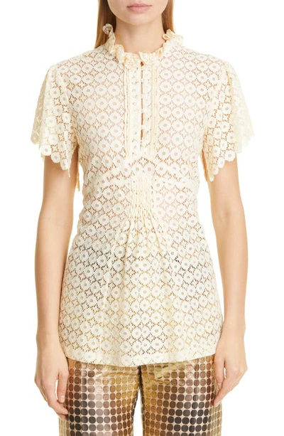 Rabanne Stretch Lace Shortsleeved Ruffled Top In Neutrals
