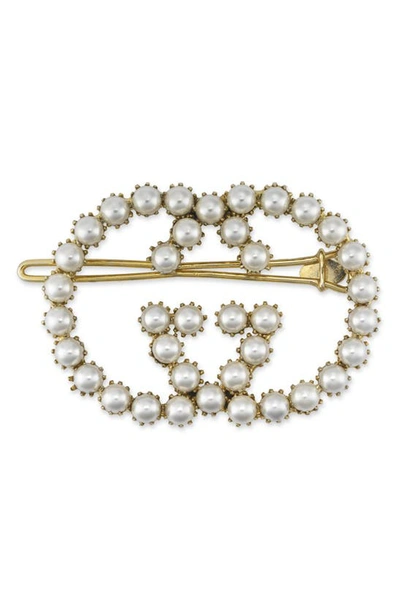 Gucci Interlocking G Faux Pearl Hair Clip In Gold-toned Metal