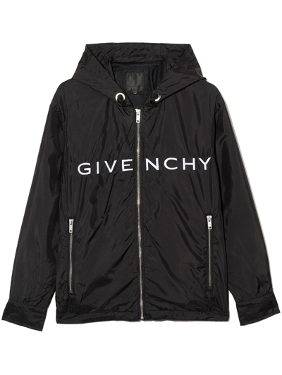 Givenchy Kids Black Lightweight Jacket With White Embroidered Logo And 4g Motif