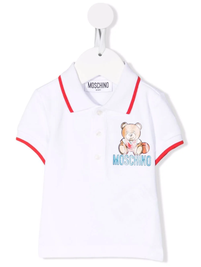 Moschino Babies' 泰迪熊印花短袖polo衫 In Bianco