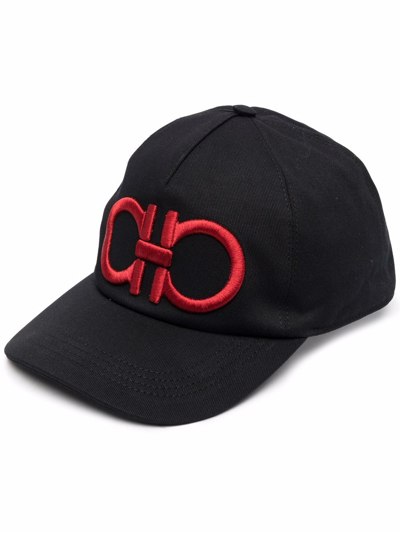 Ferragamo Embroidered-gancini Baseball Cap In Black/red