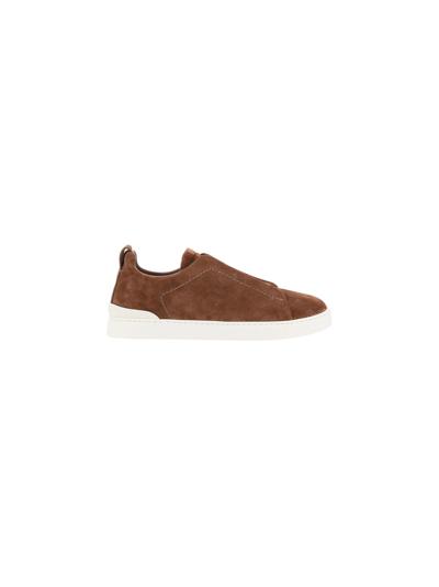 Ermenegildo Zegna Brown Suede Triple Stitch Sneakers