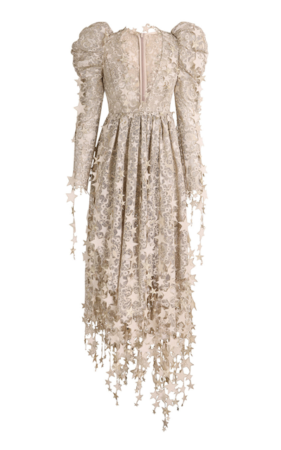 Zimmermann Celestial Metallic Embroidered Appliquéd Tulle Maxi Dress In Champagne
