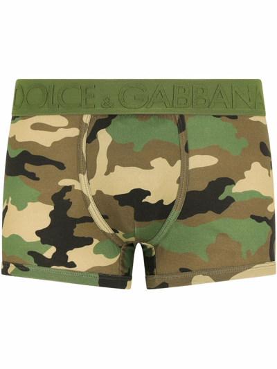 Dolce & Gabbana Logo Waistband Camouflage Printed Boxers In Green