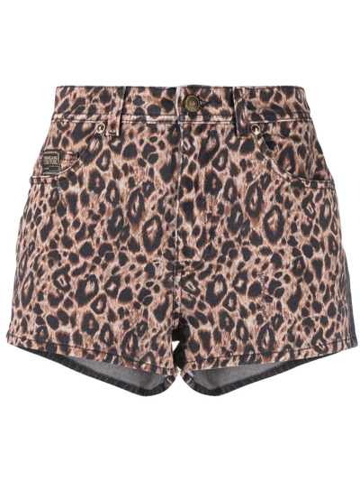 Versace Jeans Couture Animalier Leopard Printed Denim Shorts In Beige