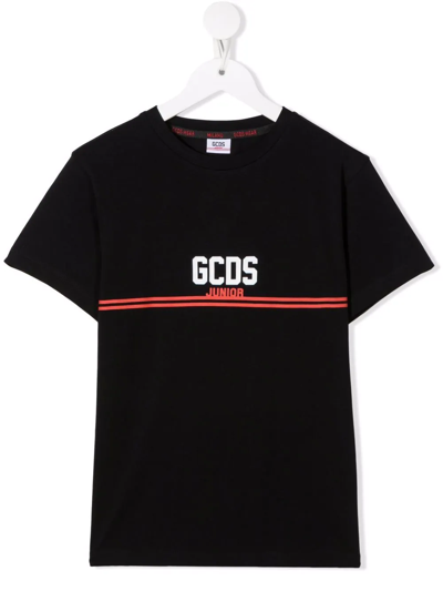 Gcds Teen Logo-stripe Print T-shirt In Black