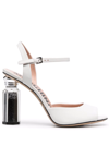 MOSCHINO CANISTER HEEL LEATHER SANDALS