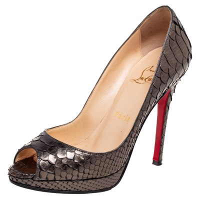 Pre-owned Christian Louboutin Metallic Grey Python Leather Lady Peep Platform Pumps Size 35