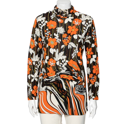 Pre-owned Prada Orange Floral Printed Jersey Long Sleeve Turtleneck Top M