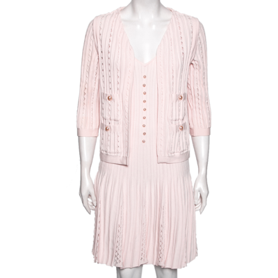 Pre-owned Chanel Pink Perforated Knit Pearl Button Detailed Flared