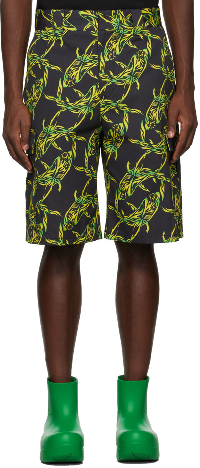 Msgm Jogging Shorts With All Over Shark Print In Black/green