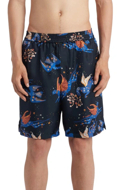 Valentino Utopia Butterfly Print Silk Shorts In Navy/multicolour