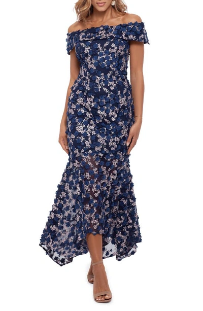 Xscape Petite Floral Applique Lace Off-the-shoulder Gown In Blue