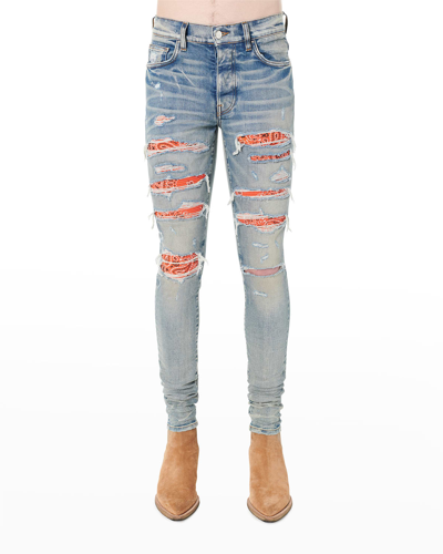Amiri Thrasher Skinny-fit Panelled Distressed Jeans In Grey