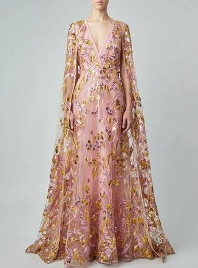 Elie Saab Embroidered And Sequin Long Sleeve Gown In Pink