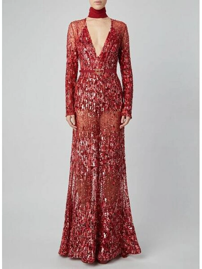 Elie Saab Fitted Sequin Gown In Red