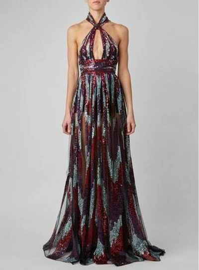 Elie Saab Multicolored Sequin Halter Gown