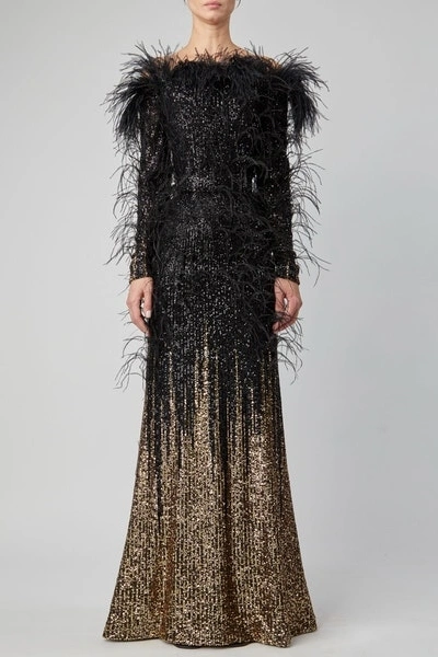 Elie Saab Degrade Sequin Off-the-shoulder Gown W/ Feather-trim In Multi