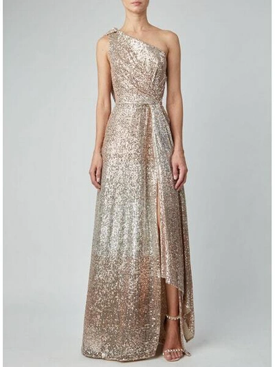 Elie Saab Sequin One Shoulder Gown With Slit In Silver