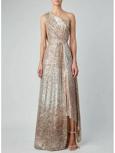 Elie Saab Sequin One Shoulder Gown With Slit In Gold