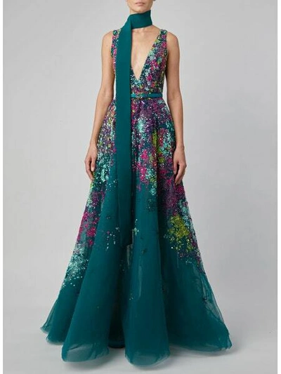Elie Saab Sleeveless Beaded Belted Gown
