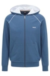 Hugo Boss Hooded Loungewear Jacket In Stretch Cotton With Logo In Dark Blue