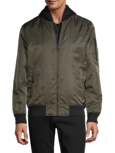 Guess Men's Bomber Jacket With Removable Hooded Inset In Olive