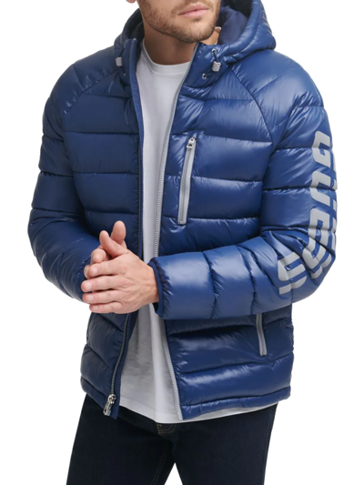 Guess Men's Logo Puffer Hooded Jacket In Navy