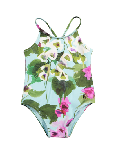 Dolce & Gabbana Light-blue Swimsuit For Baby Girl With Cowbellflowers In Multicolore