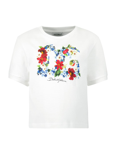 Dolce & Gabbana Kids' Floral Logo-print Cotton T-shirt In White
