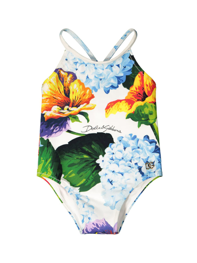 Dolce & Gabbana Girls Baby White Hydrangea Swimsuit In Multicoloured
