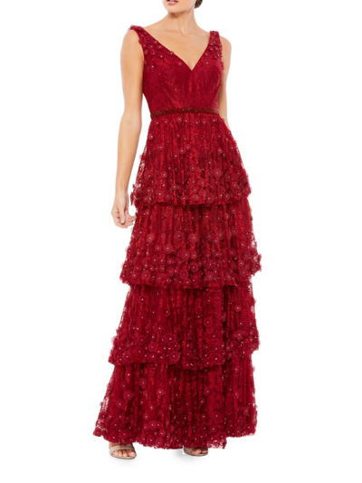 Mac Duggal Floral Applique Ruffled Tiered Sleeveless V Neck Gown In Burgundy