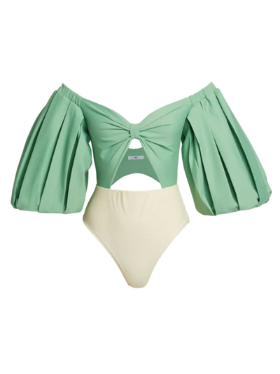 Fe Noel Puff Sleeve Cut-out One-piece Swimsuit In Jade