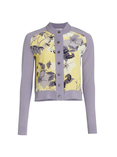St John Floral-print Silk Crepe De Chine Insert Wool Cardigan In Yellow Grey Multi