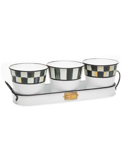 Mackenzie-childs Spectator Galvanized Herb Pot Trio Set With Tray In Black/white