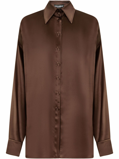 Dolce & Gabbana Oversized Silk Shirt In Brown