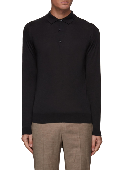 John Smedley ‘bradwell' Long Sleeve Stand Collar Sea Island Cotton Polo Shirt In Black