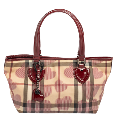 Pre-owned Burberry Red/beige House Check Heart Pvc And Patent Leather Open Tote
