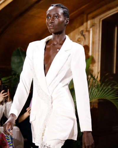 Patbo Velvet Blazer Mini Dress With Beaded Fringe In White