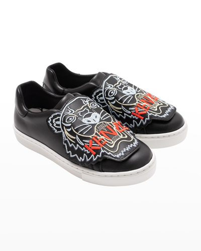 Kenzo Kid's Tiger Leather Low-top Sneakers, Baby/toddlers In Black