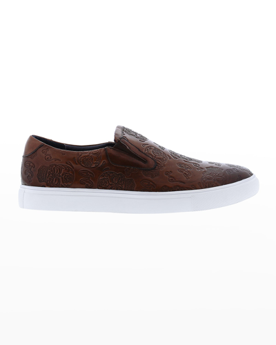 Robert Graham Men's Debossed Skull Leather Slip-on Sneakers In Cognac