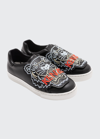 Kenzo Kids' Embroidered Leather Slip-on Sneakers In Black