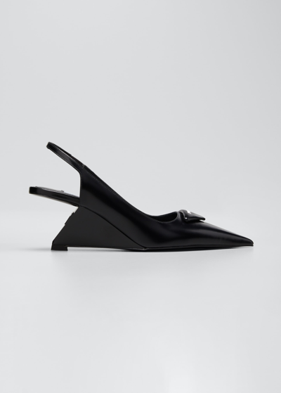 Prada Puffy Triangle Logo Slingback Wedge Pumps In Black