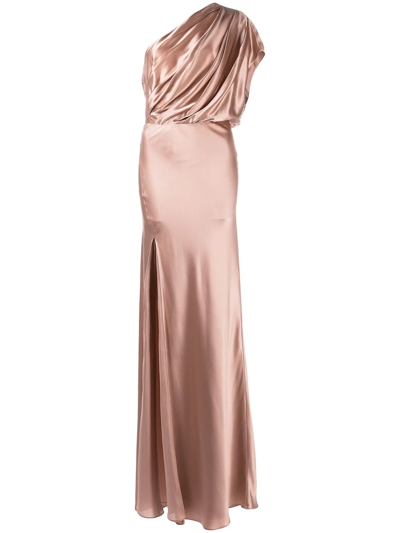 Michelle Mason Asymmetric Open Back Gown In Pink