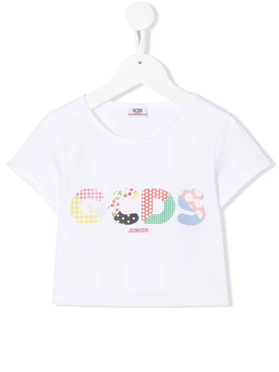 Gcds Kids' Cropped Logo-print T-shirt In White