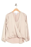 Renee C Satin Long Sleeve Surplice Top In Beige